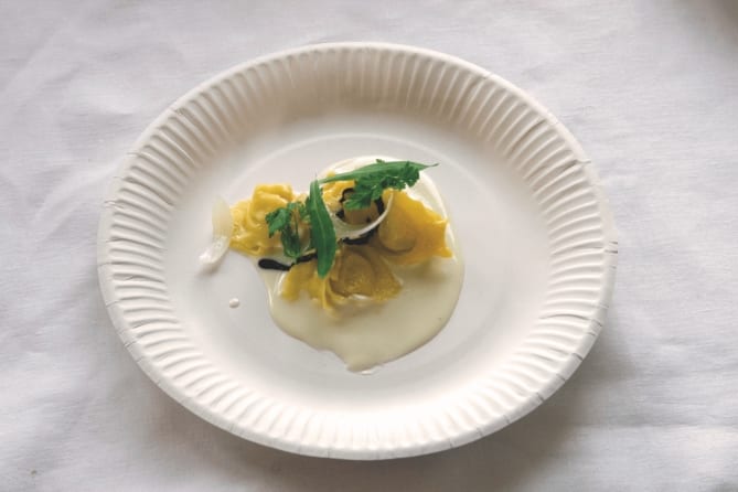 Cappelletti with codfish and Voghiera black garlic cream (Chef M. Borroni and D. Balduzzi)